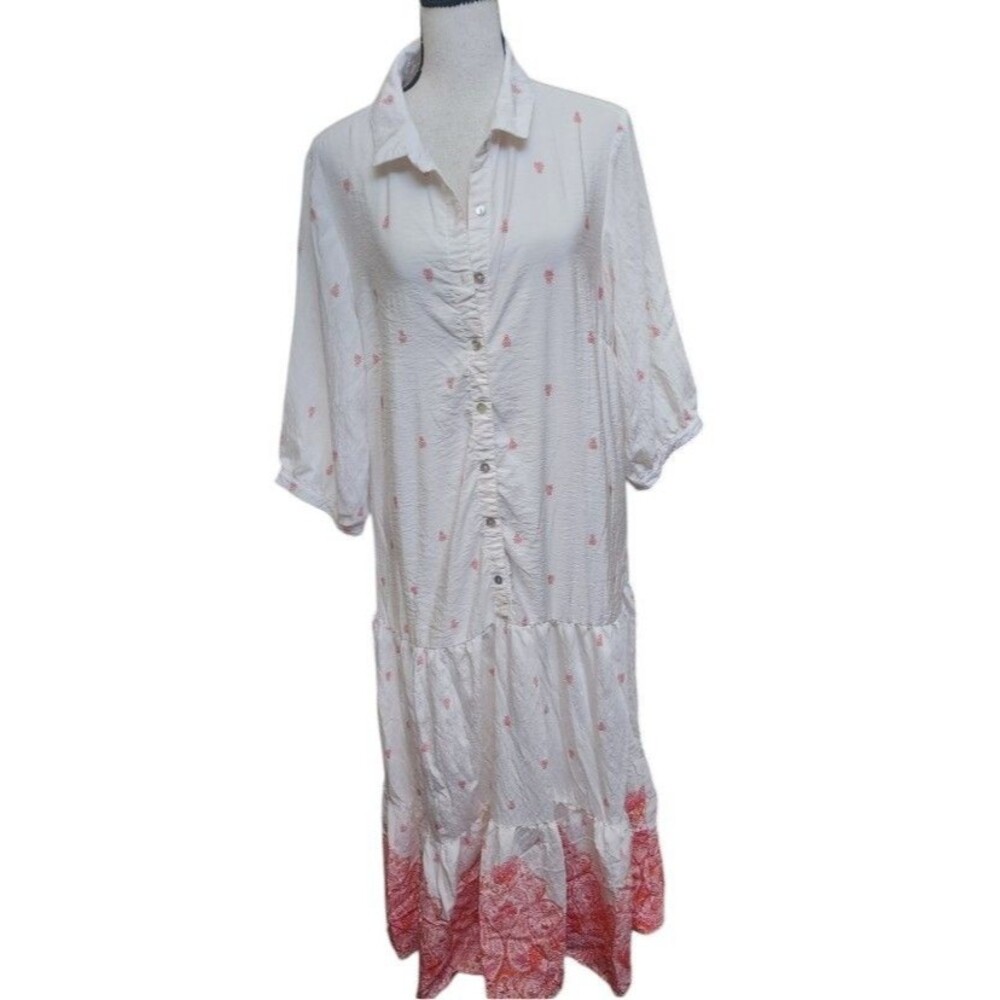 Figueroa & Flower Midi Shirt Dress Dip Dye Border Size XL MOP Button Front